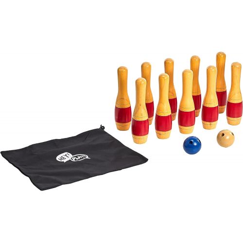  Lawn Bowling Game/Skittle Ball- Indoor and Outdoor Fun for Toddlers, Kids, Adults ?10 Wooden Pins, 2 Balls, and Mesh Bag Set by Hey! Play! (11 Inch)