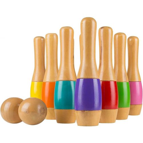  Lawn Bowling Game/Skittle Ball- Indoor and Outdoor Fun for Toddlers, Kids, Adults ?10 Wooden Pins, 2 Balls, and Mesh Bag Set by Hey! Play! (9.5 Inch)