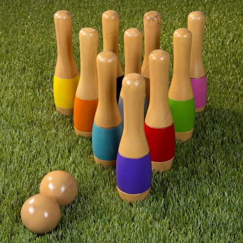  Lawn Bowling Game/Skittle Ball- Indoor and Outdoor Fun for Toddlers, Kids, Adults ?10 Wooden Pins, 2 Balls, and Mesh Bag Set by Hey! Play! (9.5 Inch)