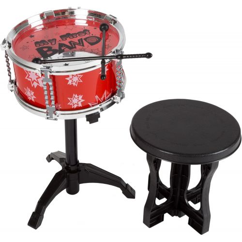  Toy Drum Set for Kids, 7 Piece Set with Bass Drum with Foot Pedal, Tom Drums, Cymbal, Stool and Drumsticks for Toddlers, Boys and Girls by Hey! Play!