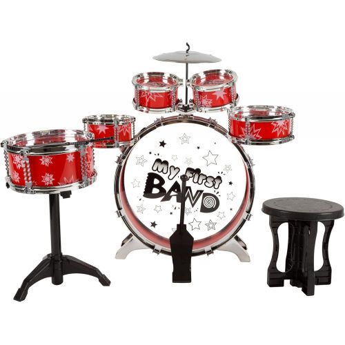  Toy Drum Set for Kids, 7 Piece Set with Bass Drum with Foot Pedal, Tom Drums, Cymbal, Stool and Drumsticks for Toddlers, Boys and Girls by Hey! Play!
