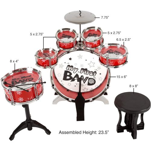  Toy Drum Set for Kids, 7 Piece Set with Bass Drum with Foot Pedal, Tom Drums, Cymbal, Stool and Drumsticks for Toddlers, Boys and Girls by Hey! Play!