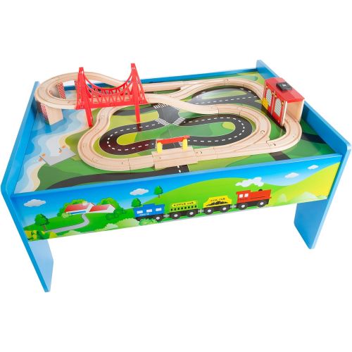 Wooden Train Set Table for Kids, Deluxe Had Painted Wooden Set with Tracks, Trains, Cars, Boats, and Accessories for Boys and Girls by Hey! Play!