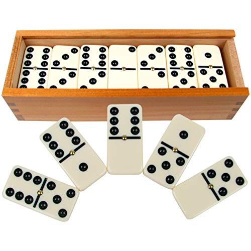  [아마존베스트]Dominoes Set- 28 Piece Double-Six Ivory Domino Tiles Set, Classic Numbers Table Game with Wooden Carrying/Storage Case by Hey! Play! (2-4 Players)