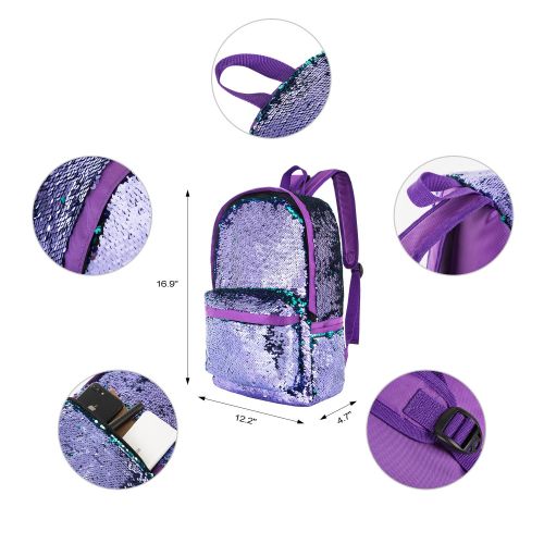  HeySun Girls Reversible Sequins Bookbag Backpack for School Lightweight Trendy Back Pack for Boys (Purple/Teal)