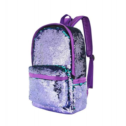  HeySun Girls Reversible Sequins Bookbag Backpack for School Lightweight Trendy Back Pack for Boys (Purple/Teal)