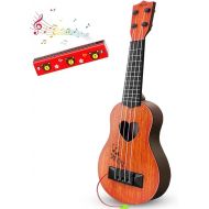 Kids Guitar Musical Toy Ukulele Classical Instrument(Brown),with Extra Harmonica 16 Holes