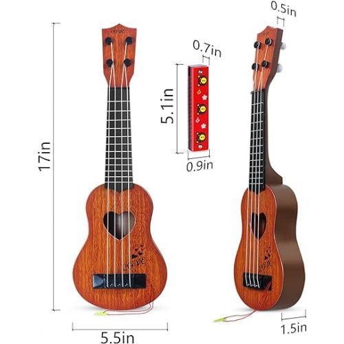  Kids Guitar Musical Toy Ukulele Classical Instrument(Brown),with Extra Harmonica 16 Holes