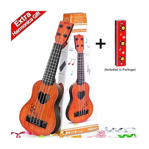  Kids Guitar Musical Toy Ukulele Classical Instrument(Brown),with Extra Harmonica 16 Holes