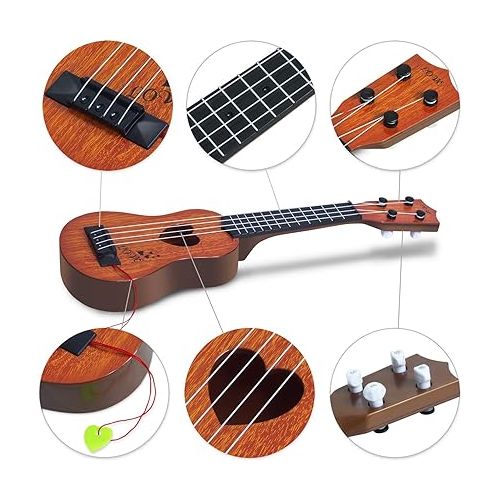  Kids Guitar Musical Toy Ukulele Classical Instrument(Brown),with Extra Harmonica 16 Holes