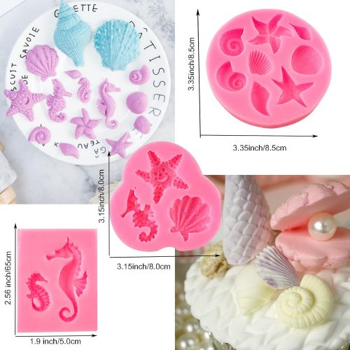  [아마존베스트]WMabeller Marine Theme Fondant Silicone Mold（6 PACK）,Seashell,Mermaid Tail,Seaweed,Coral,Seahorse,Sea Turtle,Fish DIY Handmade Baking Tools for Mermaid Theme Party Cake Decoration