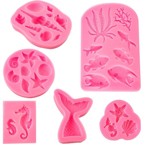  [아마존베스트]WMabeller Marine Theme Fondant Silicone Mold（6 PACK）,Seashell,Mermaid Tail,Seaweed,Coral,Seahorse,Sea Turtle,Fish DIY Handmade Baking Tools for Mermaid Theme Party Cake Decoration