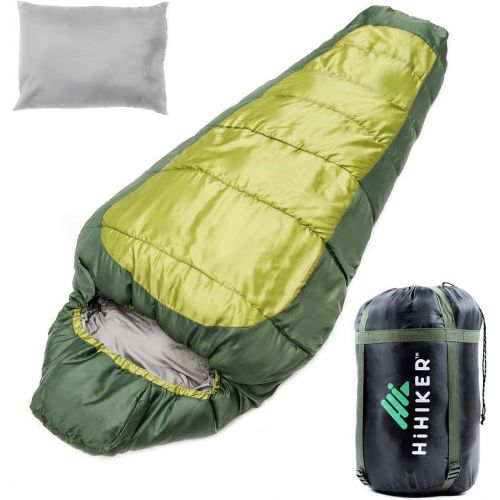  HiHiker Mummy Bag + Travel Pillow w/Compact Compression Sack ? 4 Season Sleeping Bag for Adults & Kids ? Lightweight Warm and Washable, for Hiking Traveling & Outdoor Activities