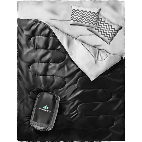  HiHiker Double Sleeping Bag Queen Size XL -for Camping, Hiking Backpacking and Cold Weather, Portable, Waterproof and Lightweight - 2 Person Sleeping Bag