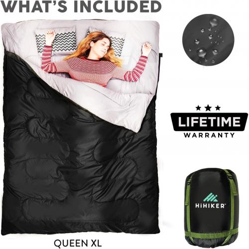  HiHiker Double Sleeping Bag Queen Size XL -for Camping, Hiking Backpacking and Cold Weather, Portable, Waterproof and Lightweight - 2 Person Sleeping Bag