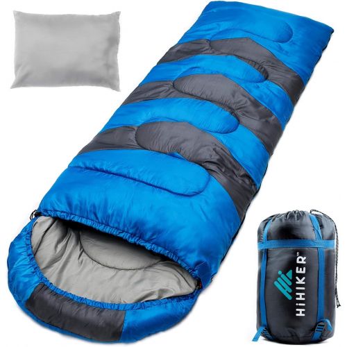  HiHiker Camping Sleeping Bag + Travel Pillow w/Compact Compression Sack ? 4 Season Sleeping Bag for Adults & Kids ? Lightweight Warm and Washable, for Hiking Traveling.