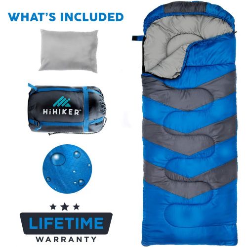  HiHiker Camping Sleeping Bag + Travel Pillow w/Compact Compression Sack ? 4 Season Sleeping Bag for Adults & Kids ? Lightweight Warm and Washable, for Hiking Traveling.