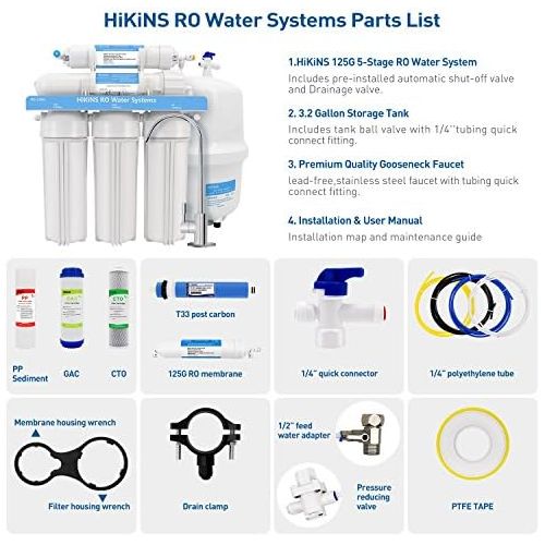  [아마존베스트]Hikins Water Filtration System RO 125g 5-Stage Home Drinking Reverse Osmosis System Ro System with Large Flow 125GPD Membrane & Water Save