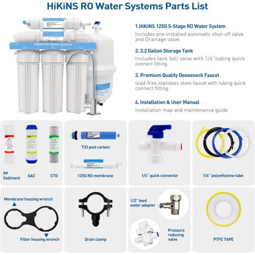  [아마존베스트]Hikins Water Filtration System RO 125g 5-Stage Home Drinking Reverse Osmosis System Ro System with Large Flow 125GPD Membrane & Water Save