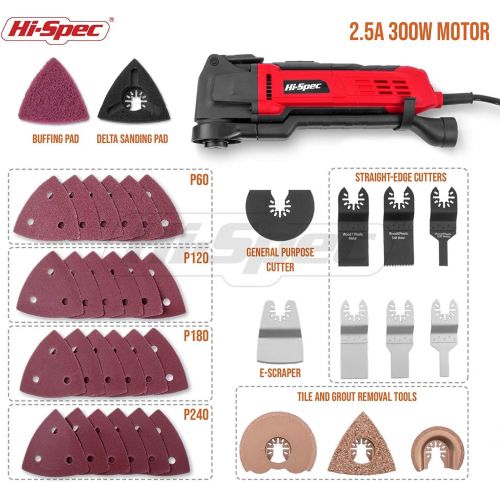  Hi-Spec 2.5A (300w) Oscillating Multi-Tool with Keyless Tool Changing, 38pc Accessory Kit and Variable Speed Switch for Sanding, Grinding, Cutting, Removing Grout and Stains - Powe