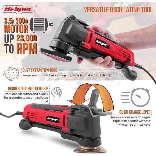  Hi-Spec 2.5A (300w) Oscillating Multi-Tool with Keyless Tool Changing, 38pc Accessory Kit and Variable Speed Switch for Sanding, Grinding, Cutting, Removing Grout and Stains - Powe