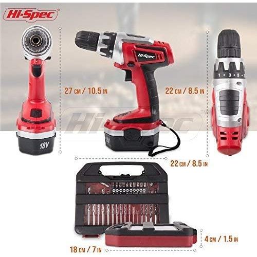  Hi-Spec 18 V Pro Combo Cordless Drill Driver with 1000 mAh Ni-MH Battery, 17 Position Keyless Clutch, Variable Speed Switch & 30 Piece Drill and Screwdriver Bit Accessory Set in Co
