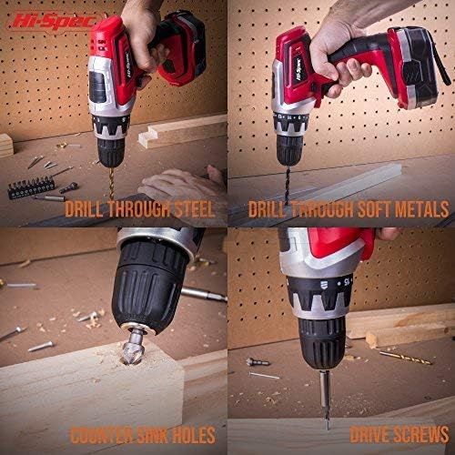  Hi-Spec 18 V Pro Combo Cordless Drill Driver with 1000 mAh Ni-MH Battery, 17 Position Keyless Clutch, Variable Speed Switch & 30 Piece Drill and Screwdriver Bit Accessory Set in Co