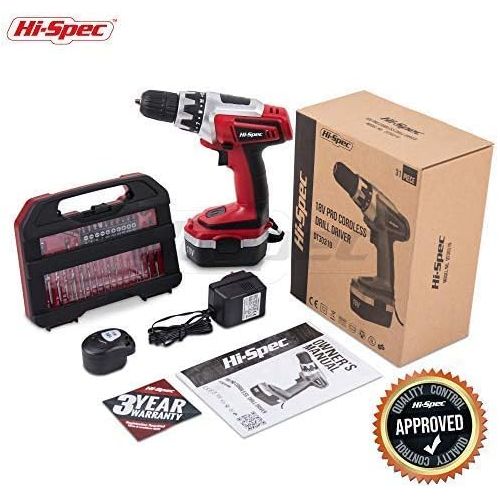  Hi-Spec 18 V Pro Combo Cordless Drill Driver with 1000 mAh Ni-MH Battery, 17 Position Keyless Clutch, Variable Speed Switch & 30 Piece Drill and Screwdriver Bit Accessory Set in Co