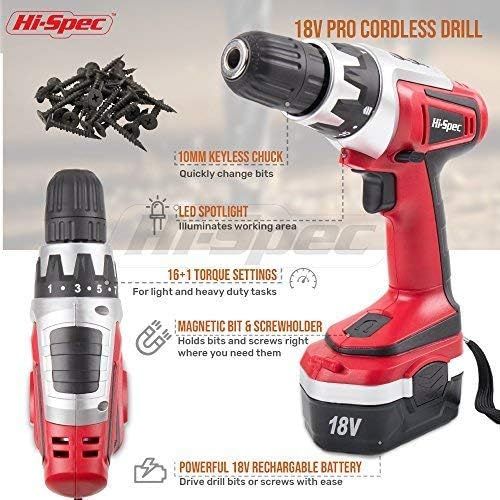  Hi-Spec 18 V Pro Combo Cordless Drill Driver with 1000 mAh Ni-MH Battery, 17 Position Keyless Clutch, Variable Speed Switch & 30 Piece Drill and Screwdriver Bit Accessory Set in Co