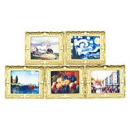 Hiawbon 1:12 Scale Miniature Wall Oil Painting Golden Frame Picture Decor for DIY Dollhouse Gift Bedroom Living Room Decor, Set A
