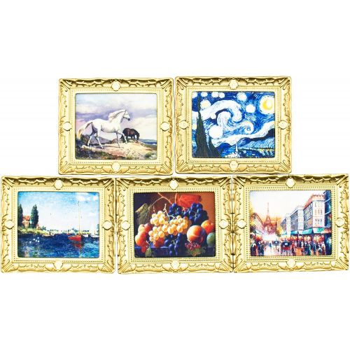  Hiawbon 1:12 Scale Miniature Wall Oil Painting Golden Frame Picture Decor for DIY Dollhouse Gift Bedroom Living Room Decor, Set A