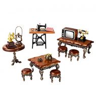 Hiawbon 1:12 Scale Mini House Vintage Mini Wooden Metal House Furniture Set Miniature Living Room Dining Room Retro Room Decor Accessories Model for Birthday Gift