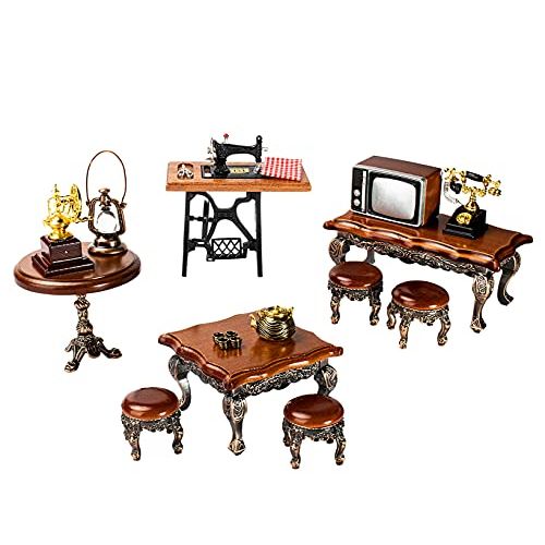  Hiawbon 1:12 Scale Mini House Vintage Mini Wooden Metal House Furniture Set Miniature Living Room Dining Room Retro Room Decor Accessories Model for Birthday Gift