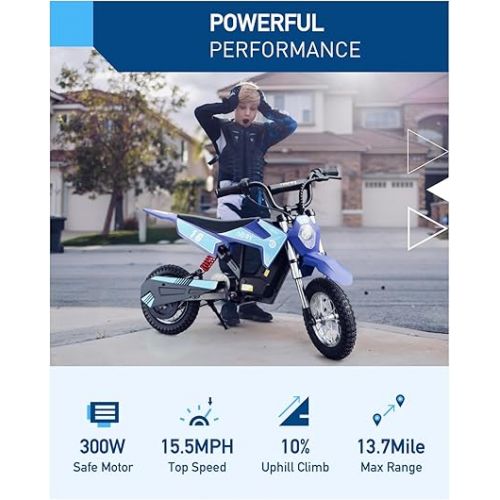  Hiboy DK1 36V Electric Dirt Bike,300W Electric Motorcycle - Up to 15.5MPH & 13.7 Miles Long-Range,3-Speed Modes Motorcycle for Kids Ages 3-10