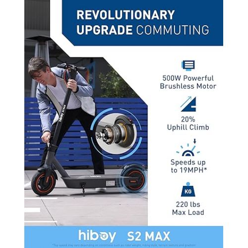  Hiboy S2 MAX Electric Scooter, 40.4 Mi Long Range & 19 MPH, 650W MAX Motor Power, 10'' Pneumatic Tires, Split Hub Set, Dual Braking System and Cruise Control, Foldable Commuter E-Scooter for Adults