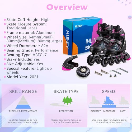  Hiboy Adjustable Inline Skates with Light up Wheels, Fun Roller Blades with 4 Sizes Adjustable for Kids, Teenagers and Adults