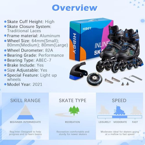  Hiboy Adjustable Inline Skates with Light up Wheels, Fun Roller Blades with 4 Sizes Adjustable for Kids, Teenagers and Adults