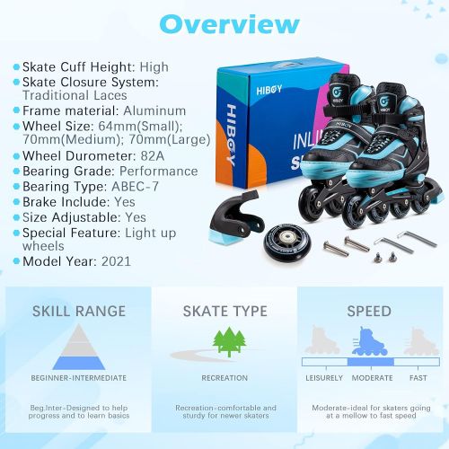  Hiboy Adjustable Inline Skates with Light up Wheels, Fun Roller Blades with 4 Sizes Adjustable for Kids, Teenagers and Adults