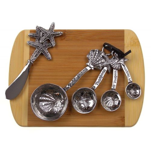  Hickoryville Starfish Cheese Spreader, Shells & Starfish Measuring Spoons Bundled with Bamboo Cheese Board