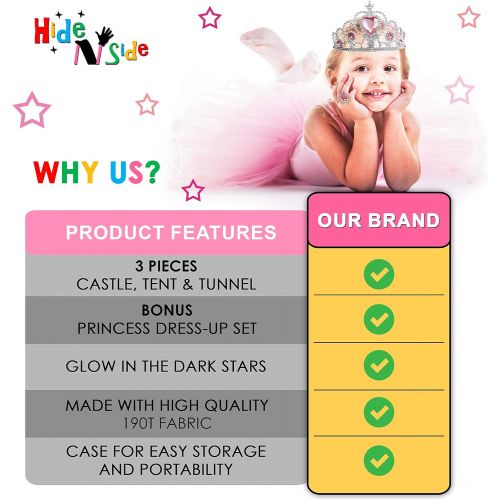  [아마존베스트]Gift for Girls, Princess Tent with Tunnel, Kids Castle Playhouse & Princess Dress up Pop Up Play Tent Set, Toddlers Toy Birthday Gift Present for Age 2 3 4 5 6 7 Years, Glow in The