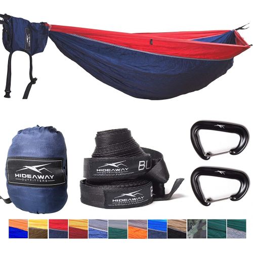  Hideaway Outfitters Outdoor Reise Camping Doppel Hangematte 2 Personen / Strandtuch / Set inkl. Baumgurte, Aufhangung, Karabiner, Beutel, Fallschirmseide High Tensity Ultraleicht Nylon (Bordeaux Rot /