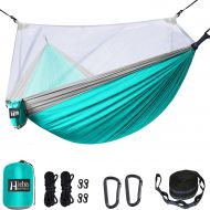 Hieha Double Camping Hammock with Mosquito/Bug Net Portable Lightweight 2 Person Tree Hammocks with 2 Tree Straps, Parachute Nylon Travel Hammocks for Outdoor Backpacking, Camping,
