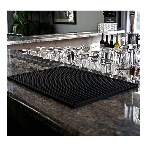  Highball & Chaser Premium Bar Mat 18in x 12in 1cm Thick Durable and Stylish Service Bar Mat for Spills, Coffee, Bars, Restaurants and Countertop Dish Drying Mat, Glass Drying Mat (Black/Black Border)