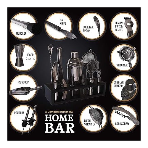  Highball & Chaser 13-Piece Cobbler Cocktail Shaker Set: Black Polished Stainless Steel Bartender Kit For Home Bar Cocktail Set | Laser Engraved Cocktail Tools | Plus E-Book with 30 Cocktail Recipes