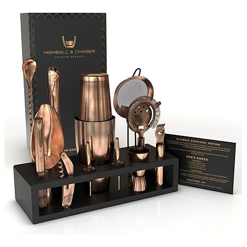  Highball & Chaser Bartender Kit with Black Bamboo Stand Beautiful Cocktail Shaker Set and Bar Tools Stainless Steel Boston Shaker Bartender Kit with Stand (Antique Copper)