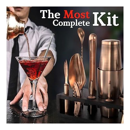  Highball & Chaser Bartender Kit with Black Bamboo Stand Beautiful Cocktail Shaker Set and Bar Tools Stainless Steel Boston Shaker Bartender Kit with Stand (Antique Copper)