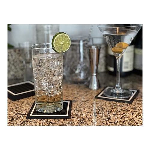  Highball & Chaser Bar Mat Coasters | 6 Piece Coaster Set | Square Absorbent Coasters for Drinks | Stylish Design Great for Home Decor or Bars