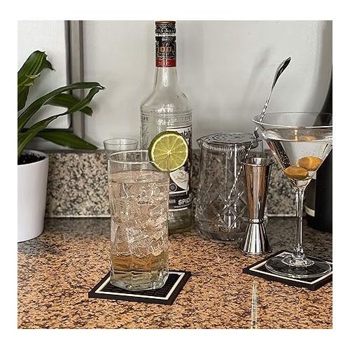  Highball & Chaser Bar Mat Coasters | 6 Piece Coaster Set | Square Absorbent Coasters for Drinks | Stylish Design Great for Home Decor or Bars