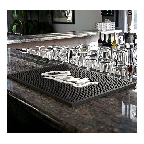  Highball & Chaser Premium Custom Bar Mat 18in x 12in 1cm Thick Durable and Stylish Service Bar Mat for Spills, Coffee, Bars, Restaurants, Counter Top Dish Drying Mat (Cheers)