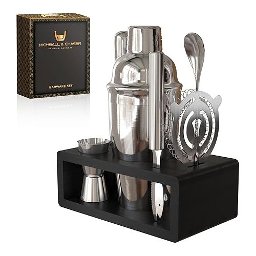  Highball & Chaser Cocktail Shaker Set: Bartender Kit for Home Bar Mixology Cocktail Bar Set Plus E-Book with 30 Recipes (Silver)